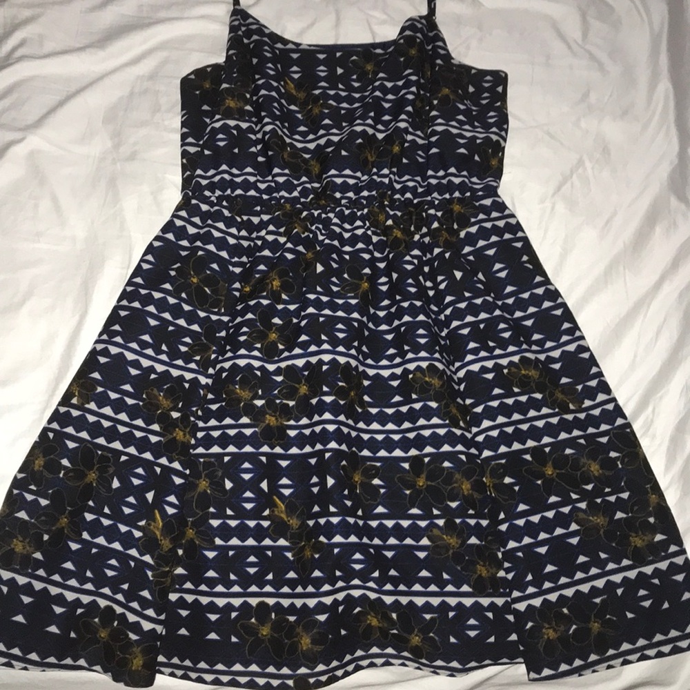 Blue and white j crew dress with yellow flowers